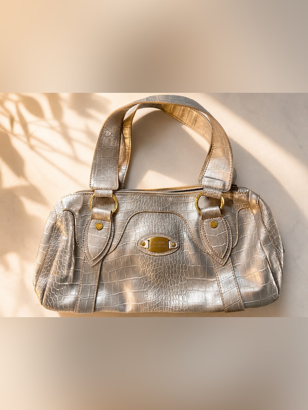 Vintage Y2K Tommy Hilfiger Silver Metallic Croc-Embossed Shoulder Bag